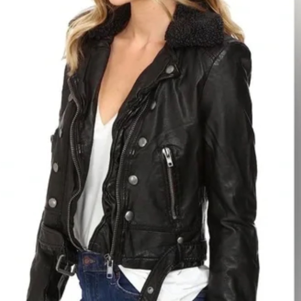 Free People Asheville Faux Vegan Black Leather Moto BikerJacket Sherpa Collar